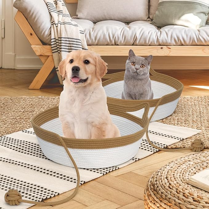 Cotton Rope Cat Bed, Foldable Sleeping Basket with Playing Rope Ball, Hand Woven Small Dogs Sofa Bed, Kitten Shaped House for Pets (Medium, Brown & Beige)