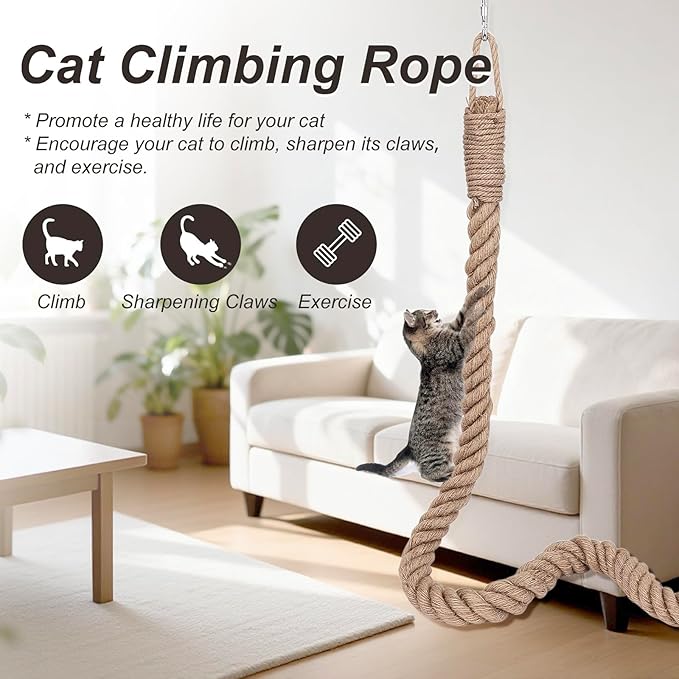 Cat Climbing Rope, Cat Climbing Jute Rope, Wall Mounted Furniture Pole Scratching Post with Hook Screws Clip for Indoor and Outdoor Cats (1.5m / 4.9ft)