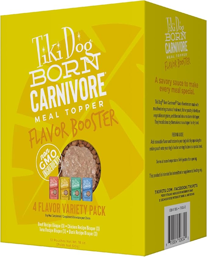 Tiki Dog Born Carnivore Flavor Booster, Variety Pack, Grain Free Wholesome Dog Food Additive, Meal Topper for All Dog Breeds and All Life Stages, 1.5 oz. Pouch, 12 Count