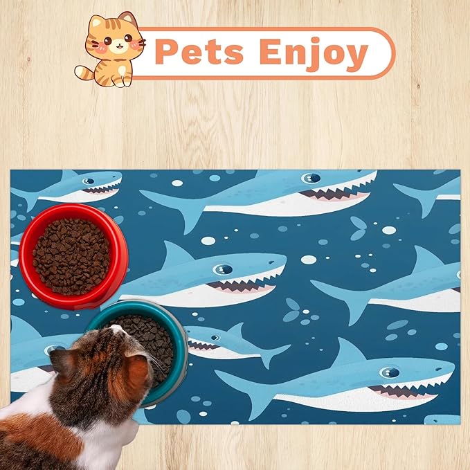 Cartoon Shark Dog Food Mat for Floors Absorbent Dog Bowl Mat for Food and Water Dispenser Quick Dry Cat Food Placemat Pet Supplies 16" x 24", Ocean Sea