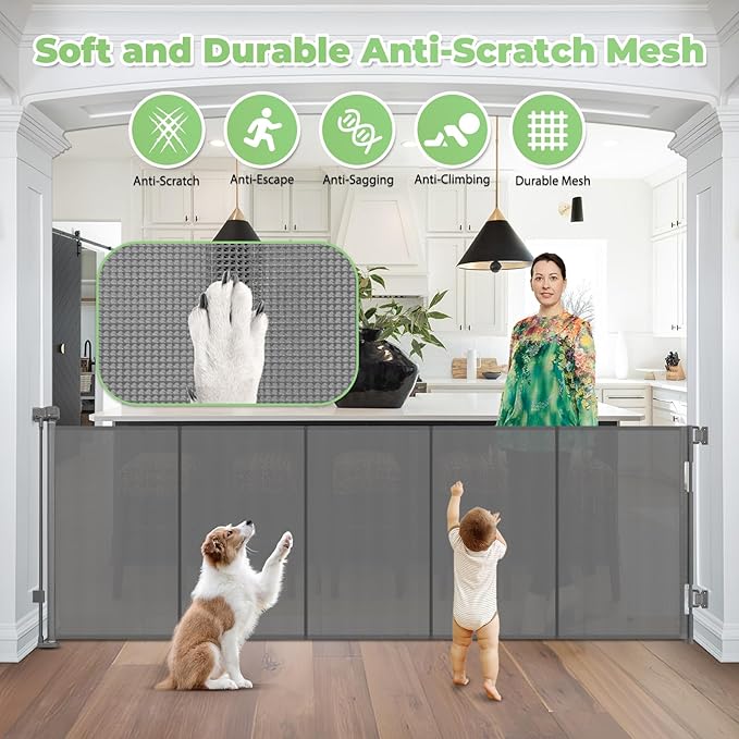 Reinforced 37" Tall x 155" Extra Wide Retractable Baby Gates with Reinforced Rods, 13ft Extra Wide Dog Gate – Prevents Crawling Under, Retractable Pet Gate Retractable Fence Garage Gates for Dogs/Gray