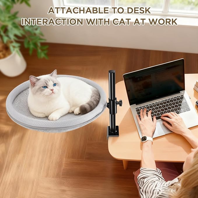 Cat Bed for Desk, Cat Desk Bed with 360° Rotating & Height Adjustable, Removable Dual-Sided Breathable & Comfortable Kitten Bed, Desk Cats Bed Attachment for Indoor Office