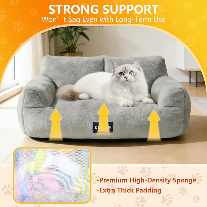 Plush Cat Bed, Cat Beds for Indoor Cats with Removable & Washable Cover, Anti Slip Base Cat Couch for Small Medium Cats & Dogs, High-Supportive Cat Beds That Won’t Flatten Even After Long-Term Use