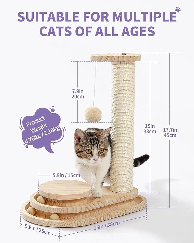 Multi-Functional Cat Scratching Post with Grooming Brush, Cloud Perch & Ball Track – Compact Cat Activity Toy for Small Cats