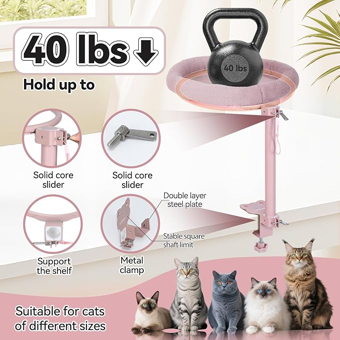 Cat Desk Bed,Steel Cat Bed for Desk,Up and Down Available,360° Rotating, Shelf Height Adjustable, Desktop Attachment Cats Nest Perch Hammock for Office Game Tables, Supports 40lb (Pink)