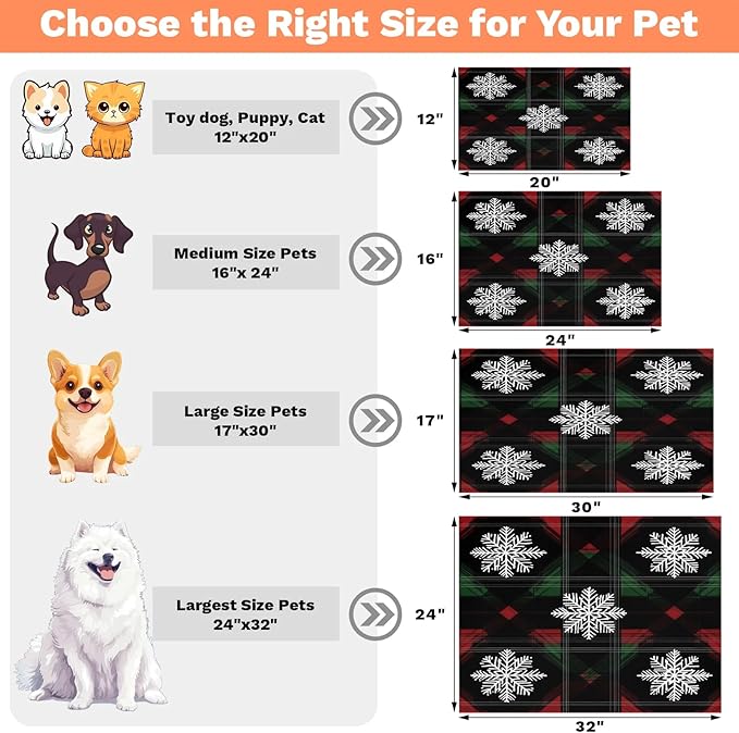 Xmas Snowflake Dog Food Mat for Floors Absorbent, Quick Dry Water Dispenser Mat for Food, Water, Pet Supplies 12" x 20", Buffalo Check