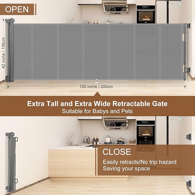 120 inch Retractable Baby Gates 42 inch Tall, Retractable Gate with Reinforced Strip Design to Prevent Crawling Through, 10 FT Extra Wide Retractable Dog Gate for Indoor/Outdoor