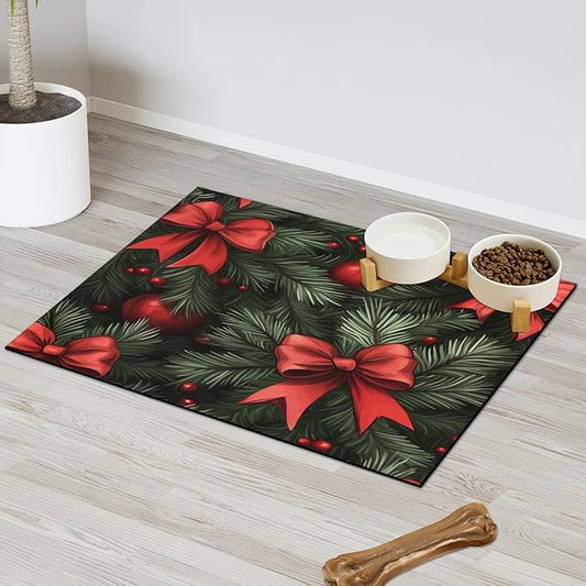 Xmas Pine Tree Dog Food Mat for Floors Absorbent, Quick Dry Water Dispenser Mat for Food, Water, Pet Supplies 24" x 32", Christmas Bow
