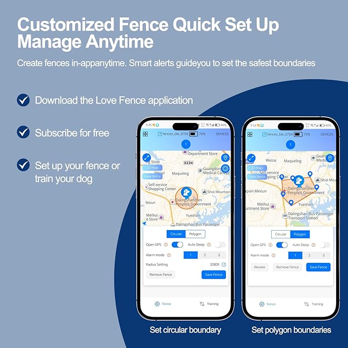 GPS Wireless Dog Fence System, Electronic Pet Containment with Free App - No Subscription Required, Multifunctional Collar, Removable IPX7 Waterproof Collar, Auto Sleep/Wake for Outdoor Use