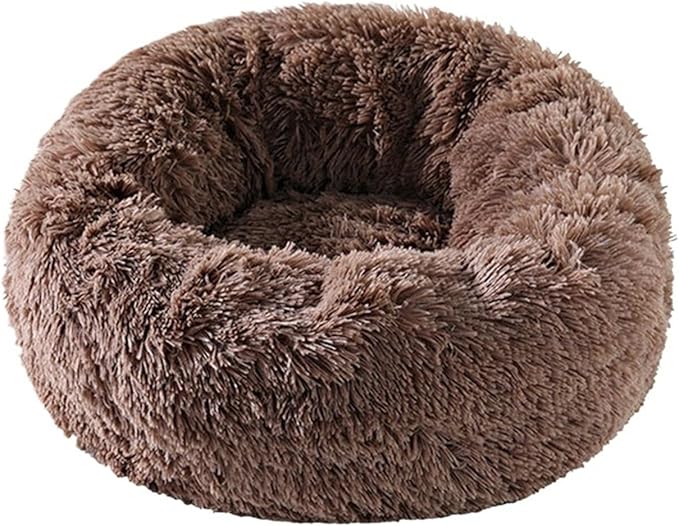 1PCS Round Pet Bed Kennel Non-Slip Winter Warm Dog Kennel Sleeping Long Plush Soft Puppy Cushion Mat Cat Supplies(Brown,70cm)