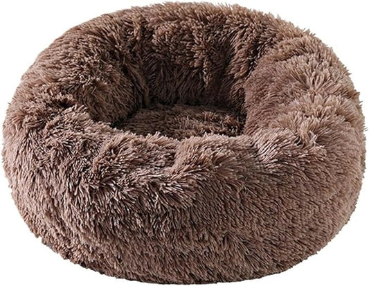 1PCS Round Pet Bed Kennel Non-Slip Winter Warm Dog Kennel Sleeping Long Plush Soft Puppy Cushion Mat Cat Supplies(Brown,40cm)