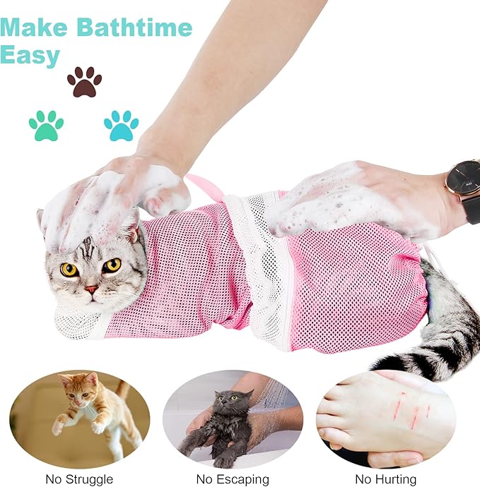 Cat Grooming Washing Bag - Adjustable Pet Shower Brush & Mesh Bag - Anti Scratch, Anti Bite, Soft, Durable for Cats & Dogs - Restraint Grooming, Nail Trimming, Washing