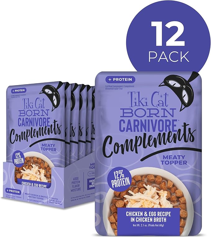 Tiki Cat Born Carnivore Complements Wet Cat Food Topper, Chicken & Egg 2.1 oz. Pouch (12 Count)