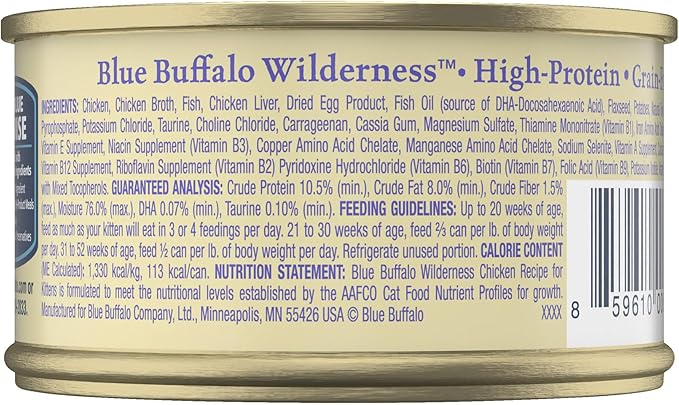Blue Buffalo Wilderness High-Protein Grain-Free Wet Kitten Food,Chicken Paté Recipe,3-oz Cans,(Pack of 48)