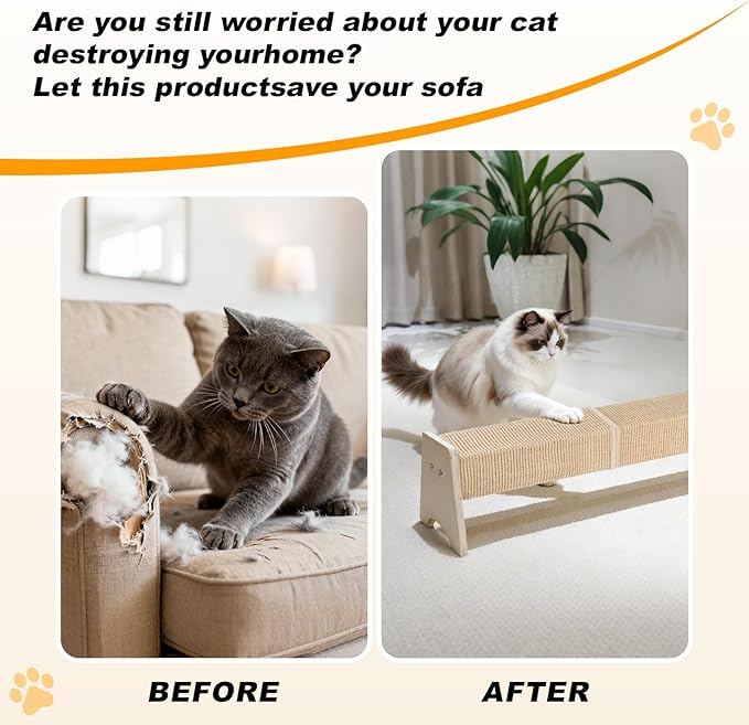 Horizontal Scratching Post, 30" Cat Scratching Post, Sisal Cat Scratch Pad Anti-Slip Strap Spring Toy, Protects Indoor Cat Furniture, Square