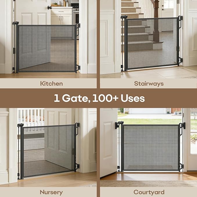Retractable Safety Baby Gate or Mesh Dog Gate,Durable Portable Mesh Retractable Gate,Easy to Use for Stairs, Doorways, Hallways, Indoor, Outdoor, 33.5" Tall, Up to 55" Wide, Black