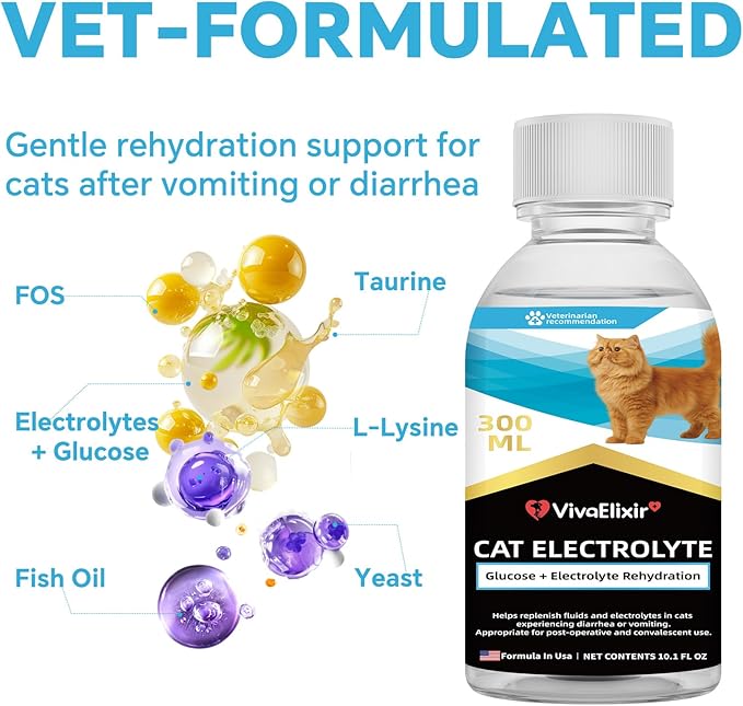 Cat Electrolytes & Hydration - Supports Post-Surgery & Illness Recovery - Immune Support with Electrolytes, Glucose for Energy, Omega-3, Antioxidants, Prebiotics - Oral Syringe - 10.14 fl oz