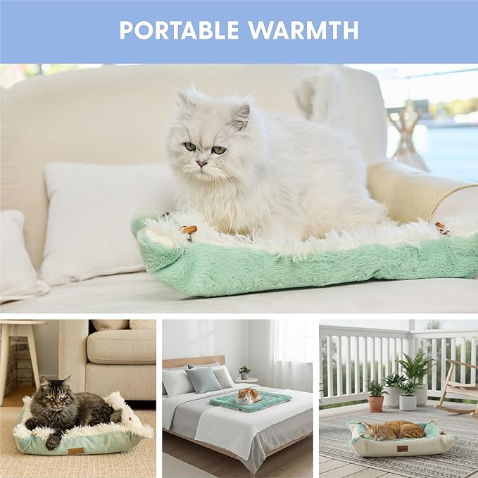 The Cat Ladies Self Warming Heated Cat Bed - Heated Outdoor Kitten Bed - Non Electric Heating Pad - for Indoor and Outdoor Cats - Reversible Comfortable Design - Light Green