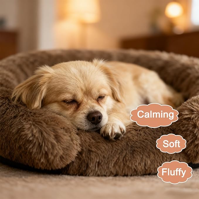 Calming Dog Bed for Small Medium Dogs, Anti-Anxiety Donut Washable Puppy Bed Orthopedic Cushion, Soft Fluffy Faux Fur Plush Warming Cozy Cat Bed, Fits up to 25 lbs Pets (Round, Coffee 23")