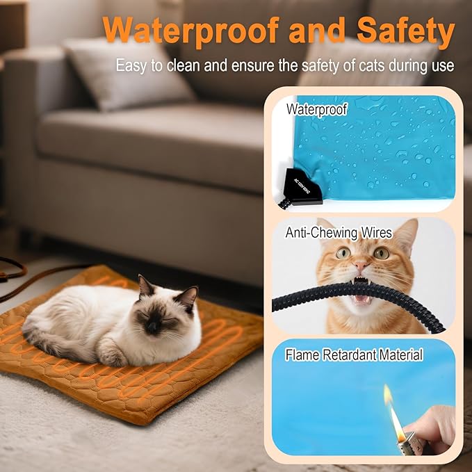 Cat Heating Pad, 6 Adjustable Temperature & 5 Timer Options, 17.7'' x 17.7'' Pet Heating Pad for Cats Dogs, Waterproof Indoor Outdoor Electric Heated Cat Bed Dog Mat with Chew-Resistant Cord (Brown)