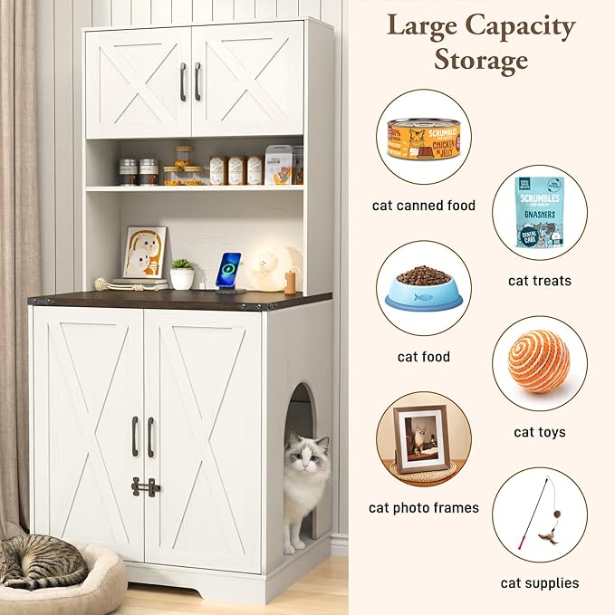 71Inches Tall Cat Litter Box Enclosure for Cats W/Power Outlets,Open Shelves.Wooden Pet Washroom Furniture W/Locks,Cabinet.White Indoor Cats House,Hidden Cat Litter Box for Living Room,Bedroom