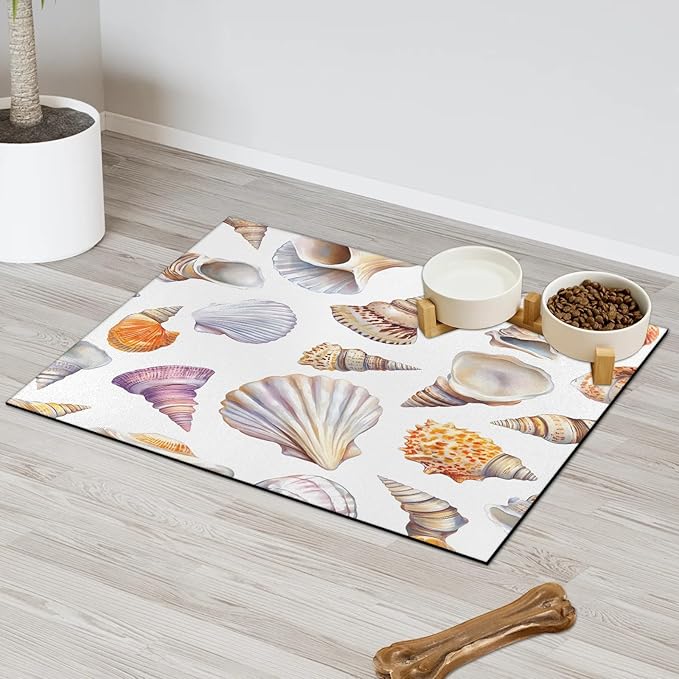 Seashell Dog Food Mat for Floors Absorbent Dog Bowl Mat for Food and Water Dispenser Quick Dry Cat Food Placemat Pet Supplies 16" x 24", Coastal Beach
