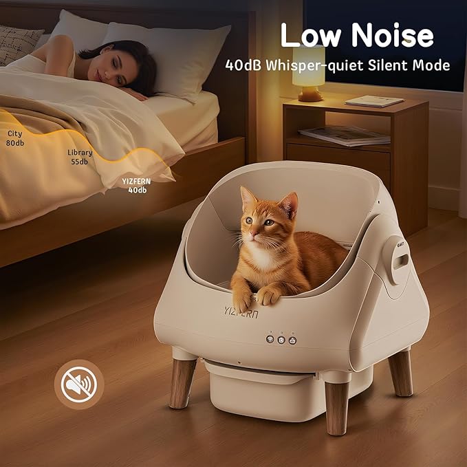 Self Cleaning Litter Box for Multiple Cats, Automatic Cat Litter Box with App Control, Open Top Design, Safety Protection, Ultra-Quiet, Waste Bags, Large Waste Bin & Brush (White) (Wooden)