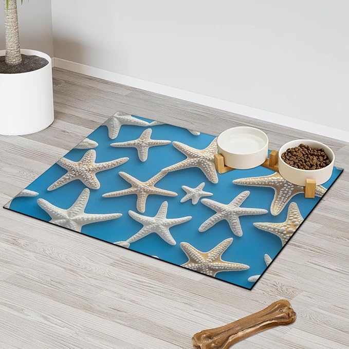 Starfish Dog Food Mat for Floors Absorbent Dog Bowl Mat for Food and Water Dispenser Quick Dry Cat Food Placemat Pet Supplies 12" x 20", Blue Ocean Sea