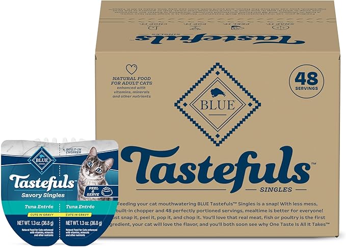 Blue Buffalo Tastefuls Savory Singles Natural Wet Cat Food in Gravy, 2.6-oz. Twin-Pack Tray, Tuna Entreé (24 Count)