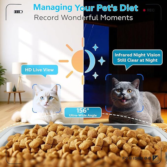 TYM Automatic Cat Feeder with Camera, 5G WiFi Auto Cat Dog Food Dispenser with APP Remote Control, 7L Large Food Storage for Multiple Pets, Scheduled Feeding, Stainless Steel Bowl, Easy Clean