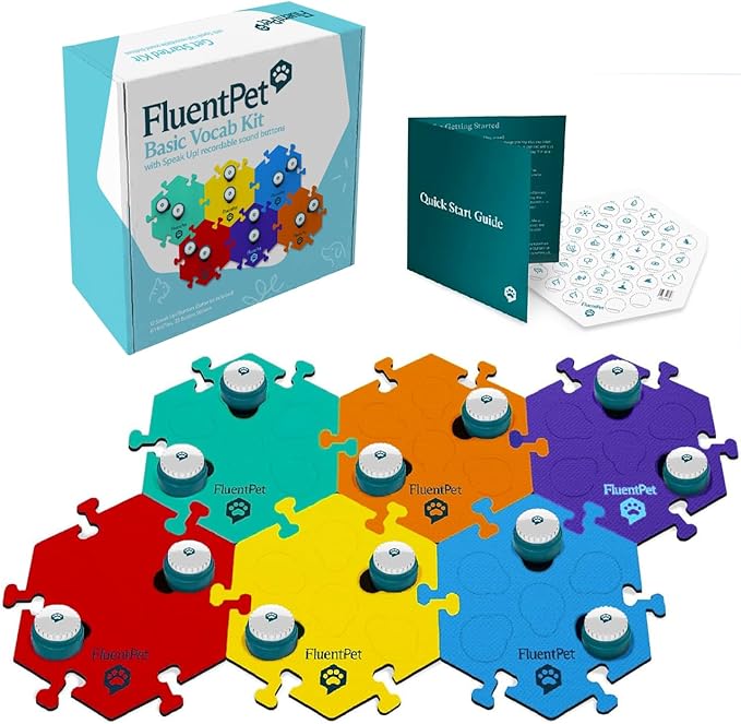 FluentPet Speak Up! Key Vocab Kit with Clearer Upward-Facing Sound - 12 Recordable Buttons w/Pre-Installed Batteries, 6 HexTile Button Mats - Training Dog & Cat Communication Buttons