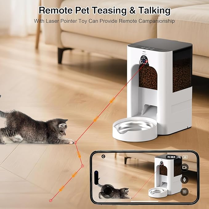 Smart Automatic Cat Feeder with 1080P Camera & Laser Toy, 5G WiFi 5L Pet Feeder for Cats & Dogs, Night Vision, Motion Detection, 2-Way Audio, APP Control, Timed Dry Food Dispenser