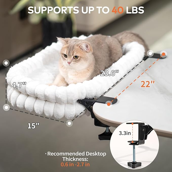 CHEERPALS Cat Desk Bed with Reversible Cushion, 90°Foldable Cat Hammock for Desk Mounted, Suitable for Medium-to-Large Cats and Puppy, Clowd Series(White, Large)