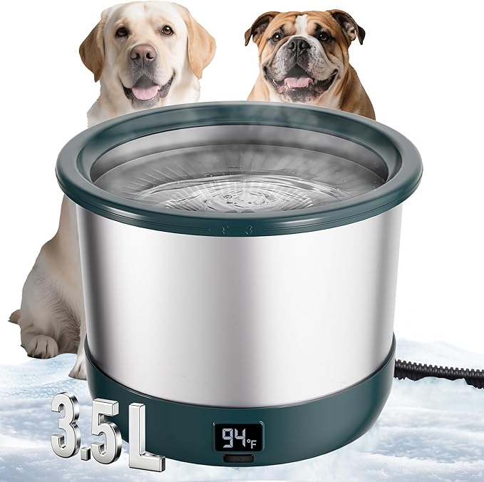 3.5L Heated Water Bowl, Stainless Steel Heated Dog Bowl with Digital Display and Adjustable Temperature, Heated Outdoor Pet Water Bowl Provides Warm Water for Dogs