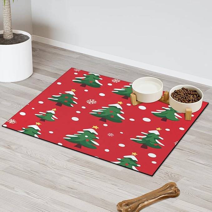Winter Tree Dog Food Mat for Floors Absorbent, Quick Dry Water Dispenser Mat for Food, Water, Pet Supplies 24" x 32", Christmas Snowflake