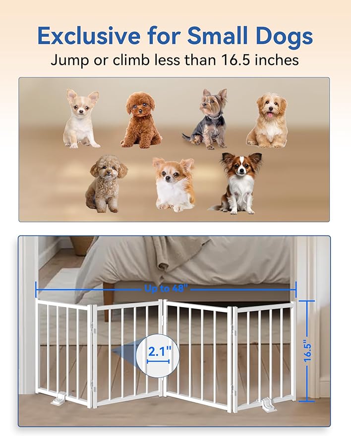 BFNN Free Standing Dog Gate, 16.5" High Short Pet Gate for Stairs and Doorways, Up to 48" Wide Foldable Puppy Fence, Indoor & Outdoor Use, No Drilling and No Assembly, for Small & Toy Dogs, White