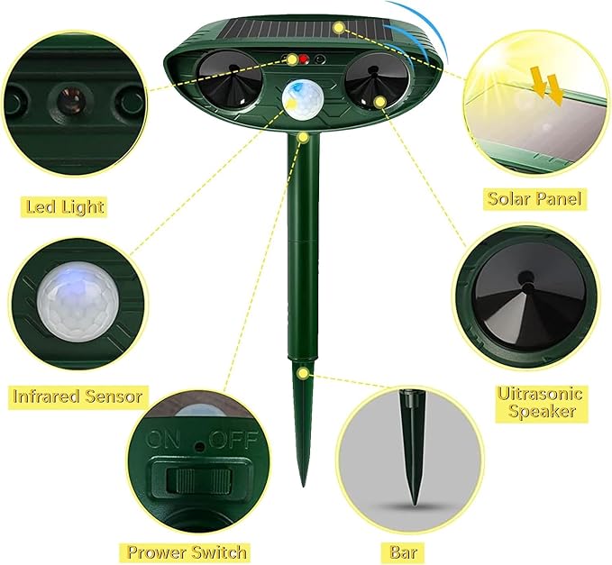 Ultrasonic Cat Deterrent,Solar Powered Deterrent with Motion Sensor and Flashing Lights Outdoor Solar Farm Garden Yard Device,Dogs,Cats,Birds