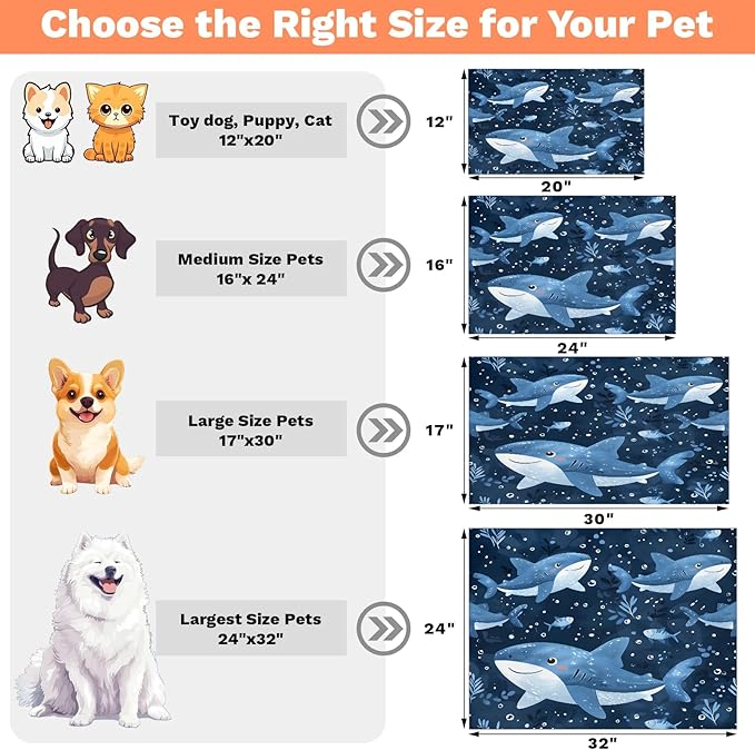 Shark Dog Food Mat for Floors Absorbent Dog Bowl Mat for Food and Water Dispenser Quick Dry Cat Food Placemat Pet Supplies 17" x 30", Ocean Sea
