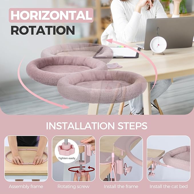 Rotating Cat Desk Bed for Remote Workers, Home Office Staff and Gamers ，Quality Soft Cat Bed, 360° Swivel, Removable Washable Cushion, Comfortable and Easy to Assemble, Supports up 40 lbs(Pink)