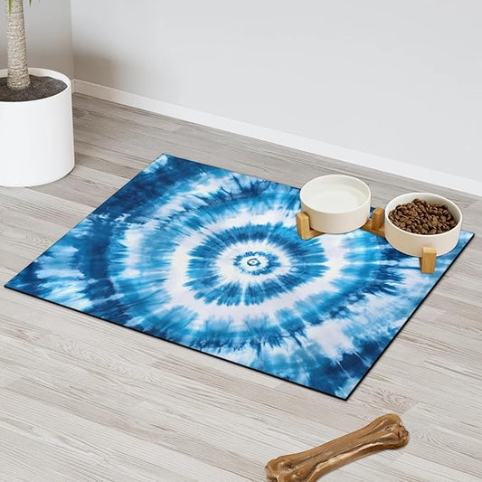 Blue Tie Dye Dog Food Mat for Floors Absorbent, Quick Dry Water Dispenser Mat for Food, Water, Pet Supplies 24" x 32", Abstract Strip