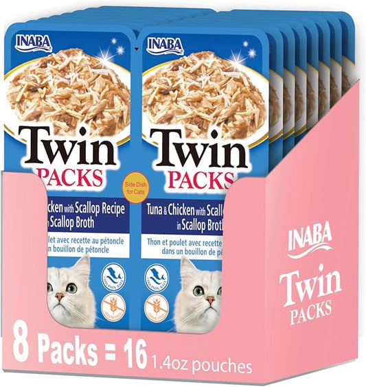 INABA Twin Packs for Cats, Shredded Chicken & Broth Gelée Side Dish/Topper Pouch, 1.4 Ounces per Serving, 16 Servings, Tuna & Chicken with Scallop Recipe in Scallop Broth