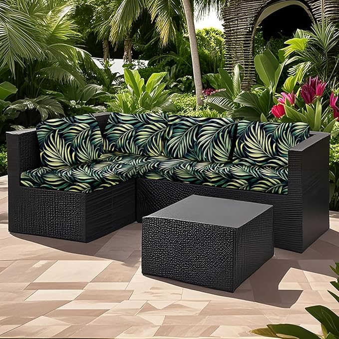HANDONTIME 8Pcs Outdoor Patio Cushion Covers Green Leaves Stretch Couch Cushion Cover Patio Couch Slipcover for Outdoor/Indoor Washable Non-Slip Furniture Protector for Pet (Black, Cover Only)