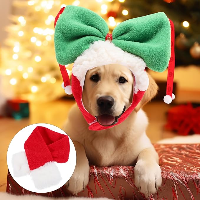 SOLUSTRE Christmas Dog Hat and Scarf Set for Pets, 2pcs Thermal Winter Head Cover with Decorative Puppy Scarf, Warm Pet Headdress Supplies for Holiday Season