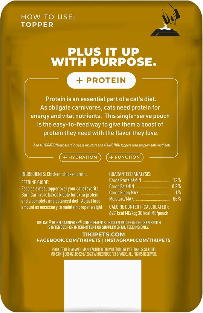 Tiki Cat Born Carnivore Complements Wet Cat Food Topper, Chicken, 2.1 oz. Pouch (12 Count)