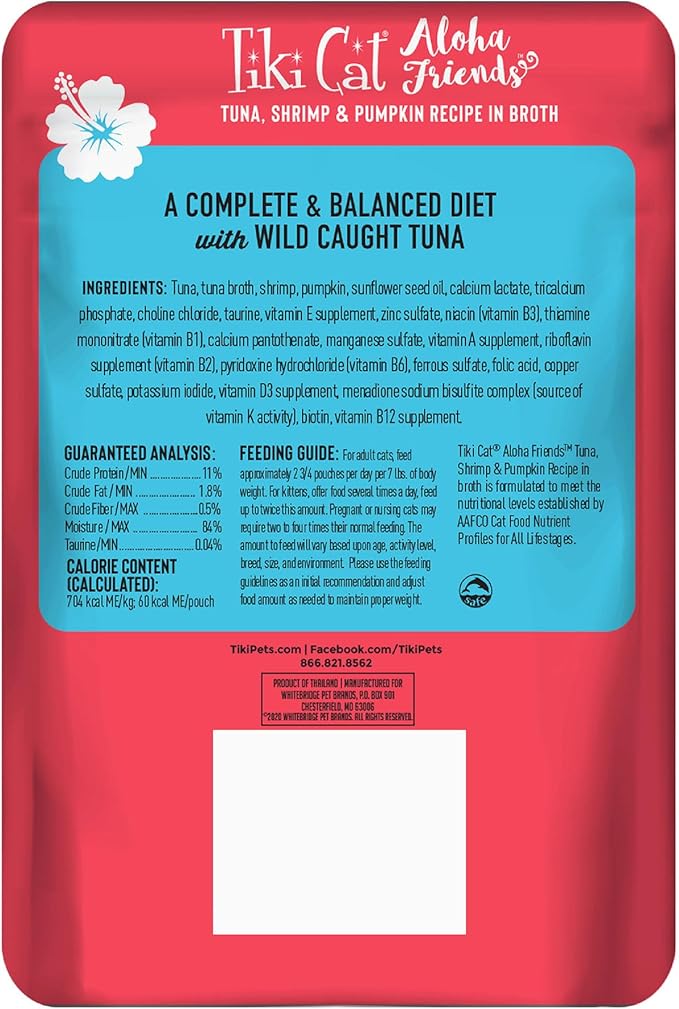 Tiki Cat Aloha Friends Grain-Free, Low-Carbohydrate Wet Food with Flaked Tuna for Adult Cats & Kittens, 3oz pouch, 12pk, Tuna, Shrimp & Pumpkin