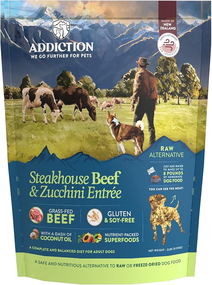 Addiction Steakhouse Beef & Zucchini Air-Dried Grain-Free Dog Food – Complete Meal or Topper with Natural Ingredients for Digestive and Skin & Coat Health, 2lb