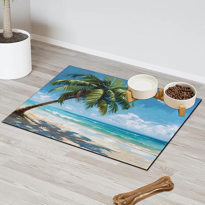 Hawaiian Seaside Dog Food Mat for Floors Absorbent, Quick Dry Water Dispenser Mat for Food, Water, Pet Supplies 24" x 32", Summer Palm Tree