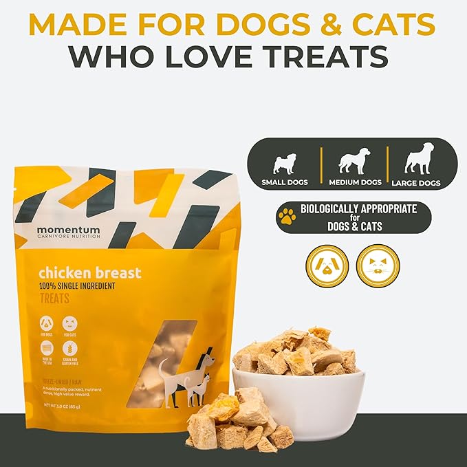 Momentum Carnivore Nutrition Freeze-Dried Chicken Breast Dog Treats & Cat Treats – Single-Ingredient, High-Protein, Grain-Free, Lean & Easily Digestible – Made in USA – 3 oz Bag