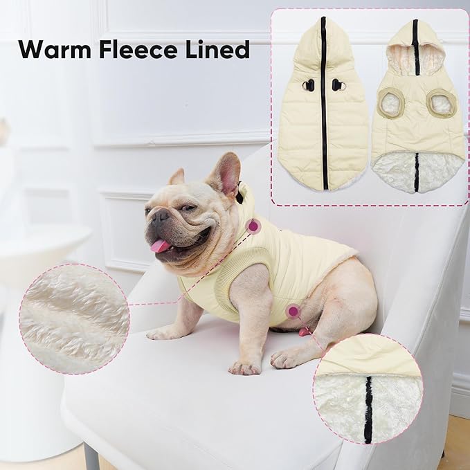 Fleece Lining Dog Hoodie with Harness Built in,Extra Warm Small Dog Jacket in Winter Puppy Coats with Hooded,Light Yellow S