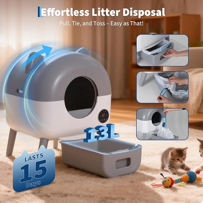 Automatic Self Cleaning Litter Box, Extra Large Automatic Cat Litter Box Self Cleaning Robot for Cats, Smart Safety Sensors-App Control-Low Noise, Washable Tray, 20 pcs Trash Bag